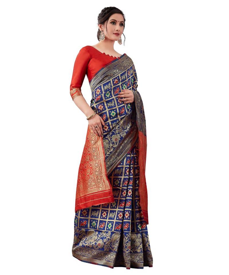 blue woven jacquard saree with blouse