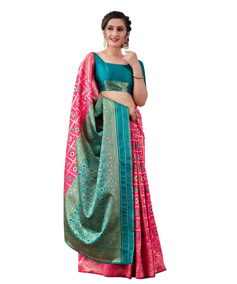 pink woven jacquard saree with blouse