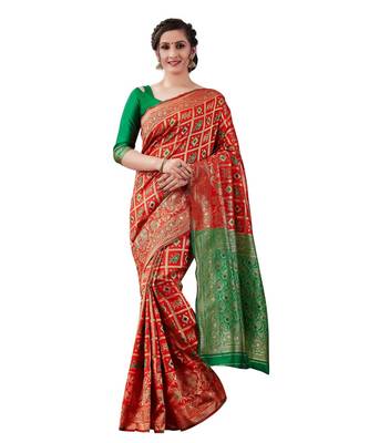red woven jacquard saree with blouse 1