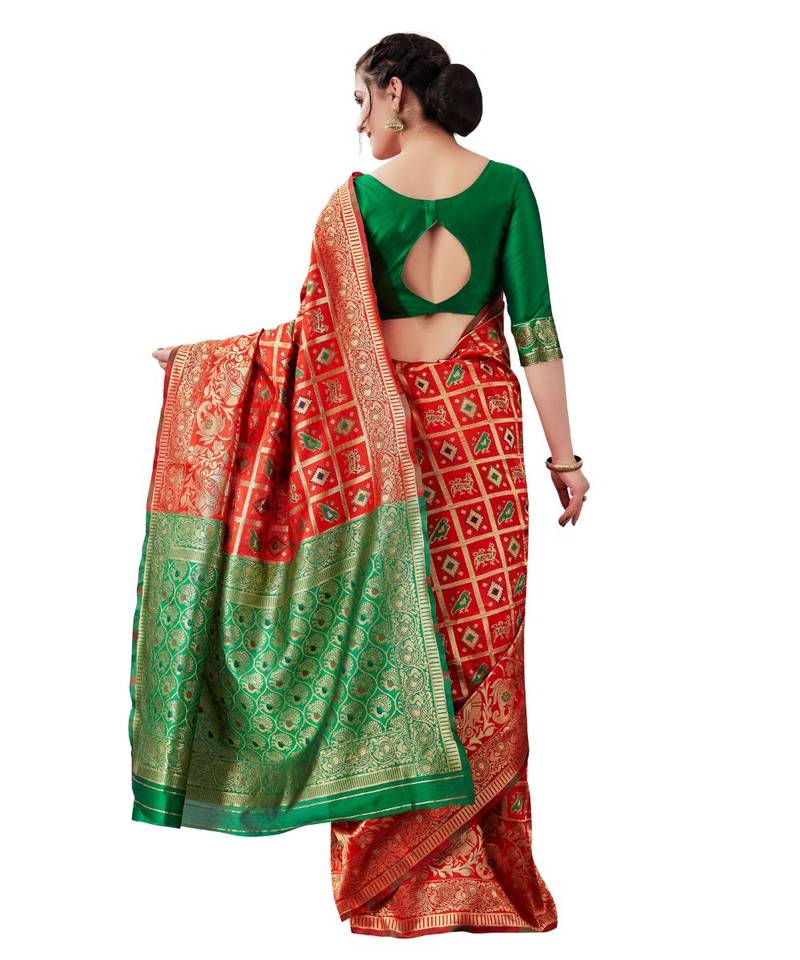 red woven jacquard saree with blouse