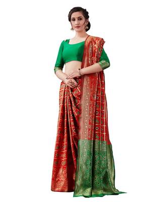 red woven jacquard saree with blouse 3