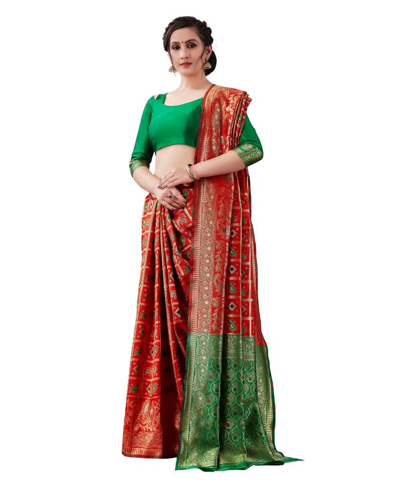 red woven jacquard saree with blouse