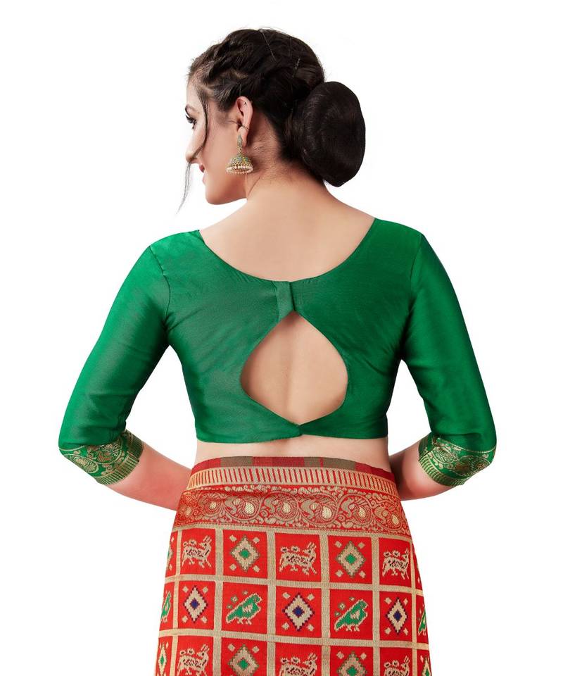 red woven jacquard saree with blouse