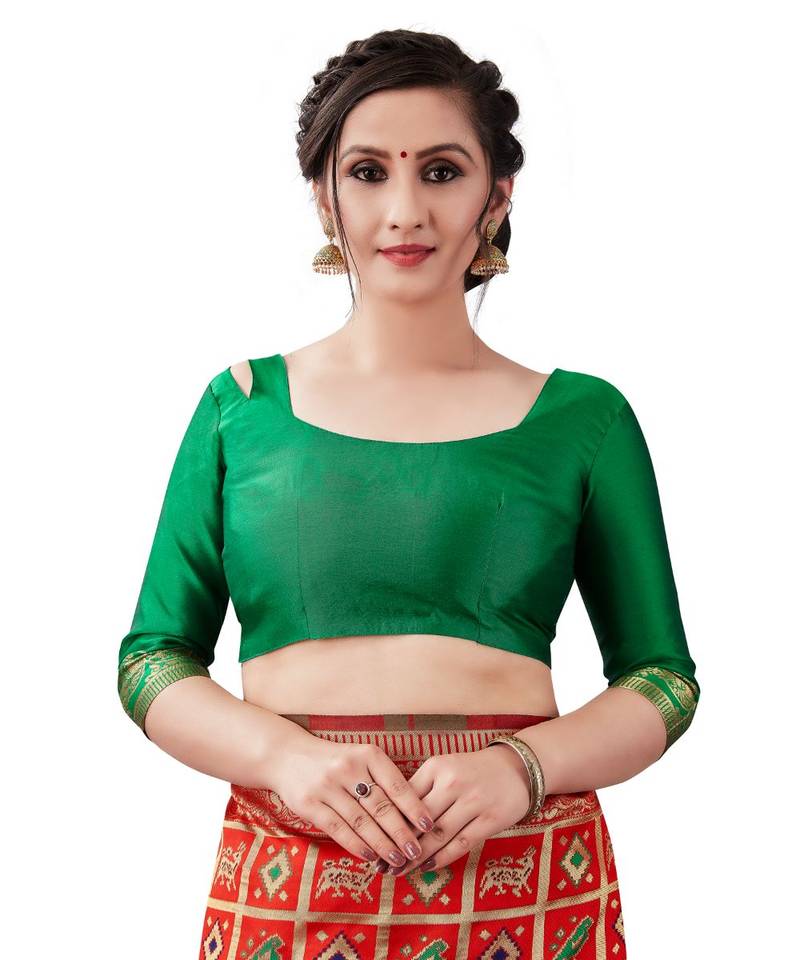 red woven jacquard saree with blouse