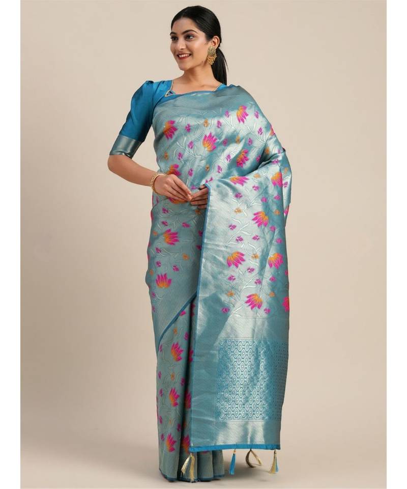 turquoise woven jacquard saree with blouse