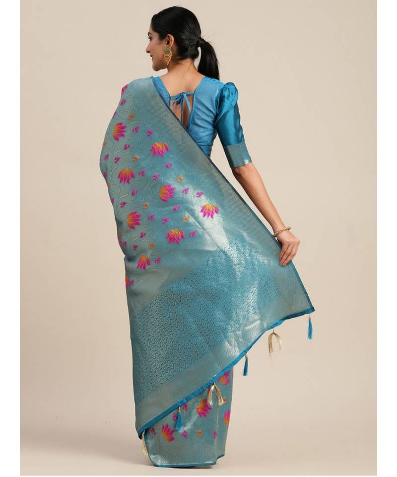 turquoise woven jacquard saree with blouse
