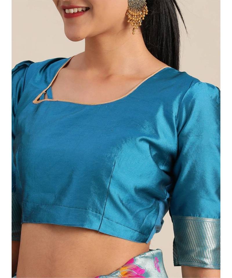 turquoise woven jacquard saree with blouse