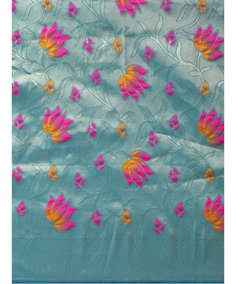 turquoise woven jacquard saree with blouse