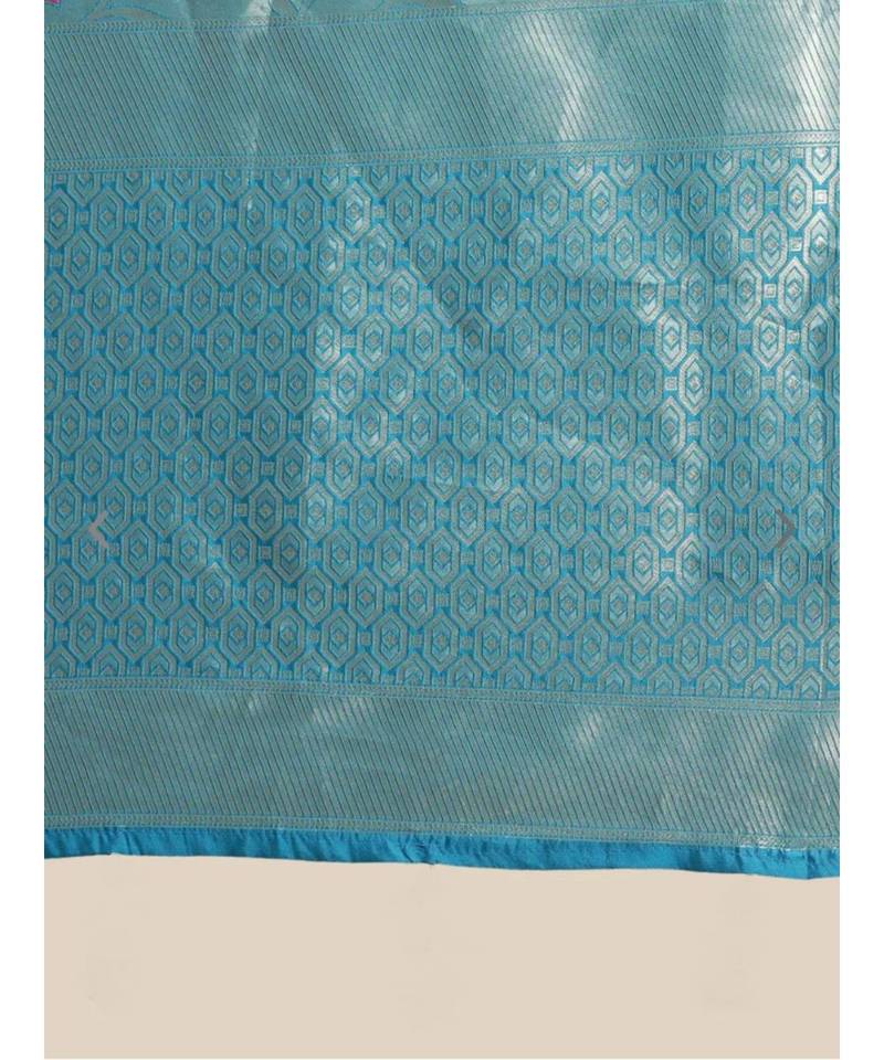 turquoise woven jacquard saree with blouse