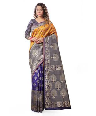 blue woven jacquard saree with blouse 1