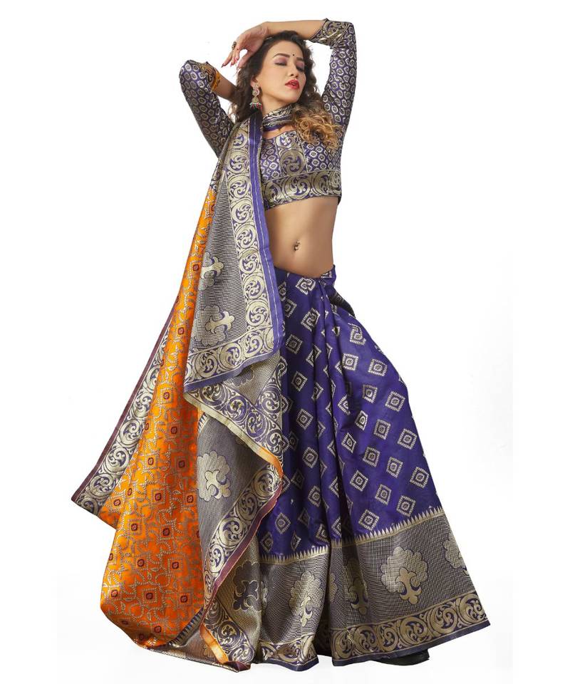blue woven jacquard saree with blouse