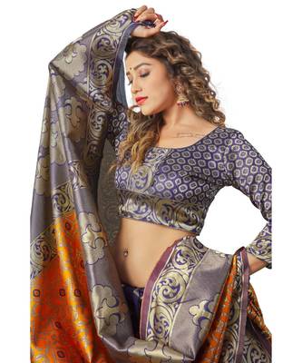 blue woven jacquard saree with blouse 3