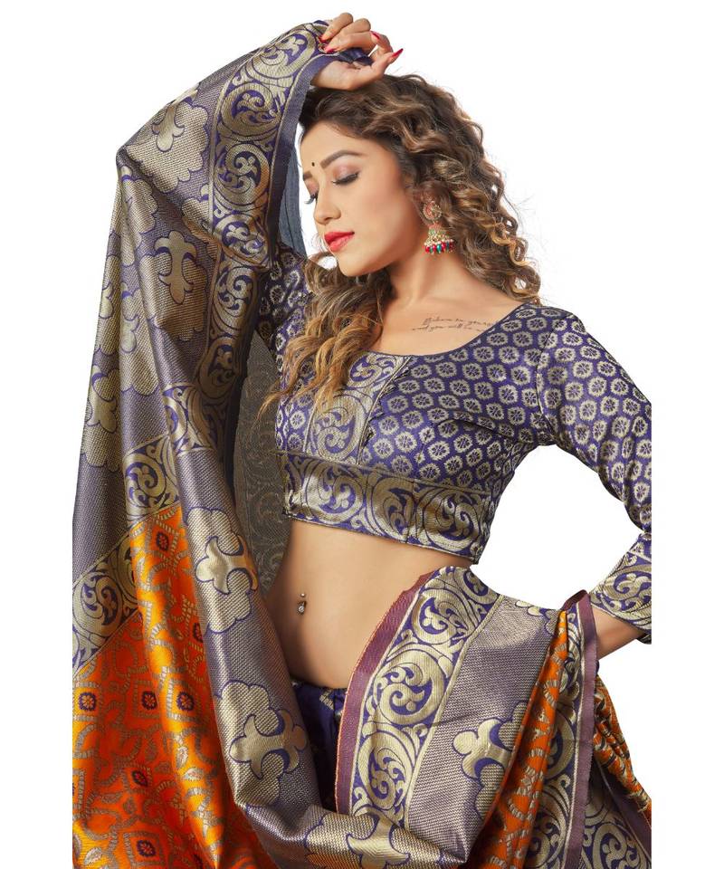 blue woven jacquard saree with blouse