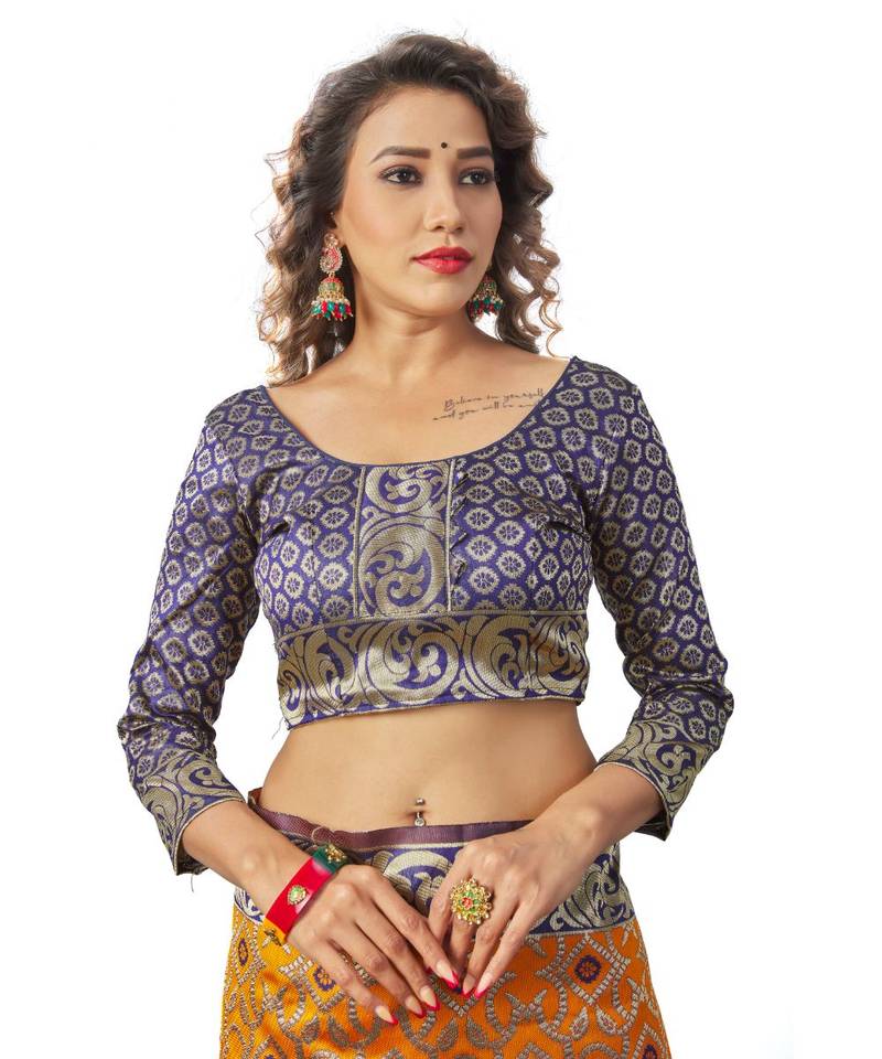 blue woven jacquard saree with blouse