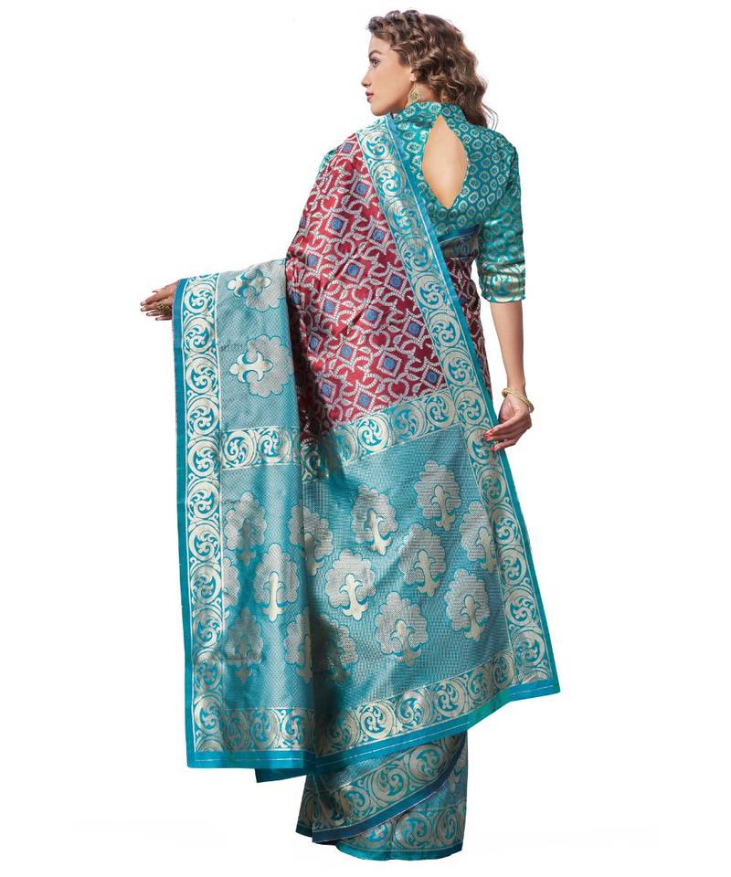 maroon woven jacquard saree with blouse