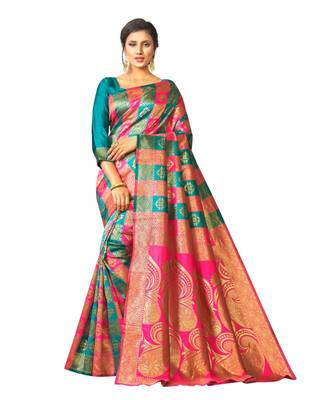 pink woven silk blend saree with blouse 1