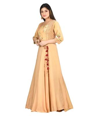 beige muslin silk three quarter sleeves solid women gown 1