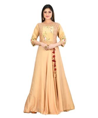 beige muslin silk three quarter sleeves solid women gown 2