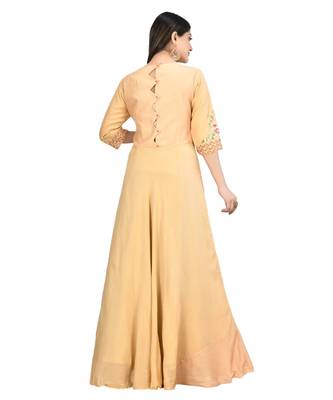 beige muslin silk three quarter sleeves solid women gown 3