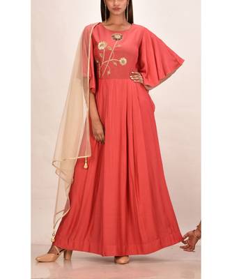 brick red muslin silk short sleeves solid women gown 1