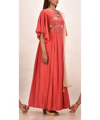 brick red muslin silk short sleeves solid women gown 2