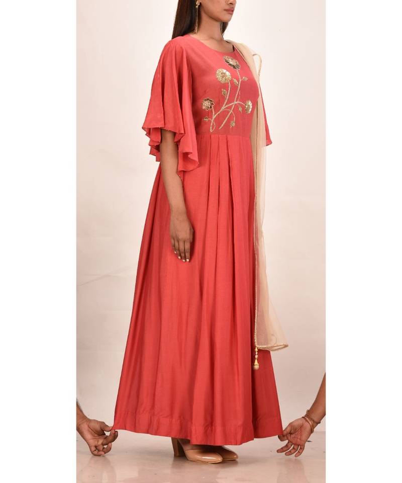 brick red muslin silk short sleeves solid women gown