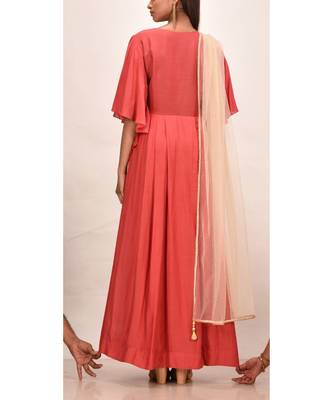 brick red muslin silk short sleeves solid women gown 3