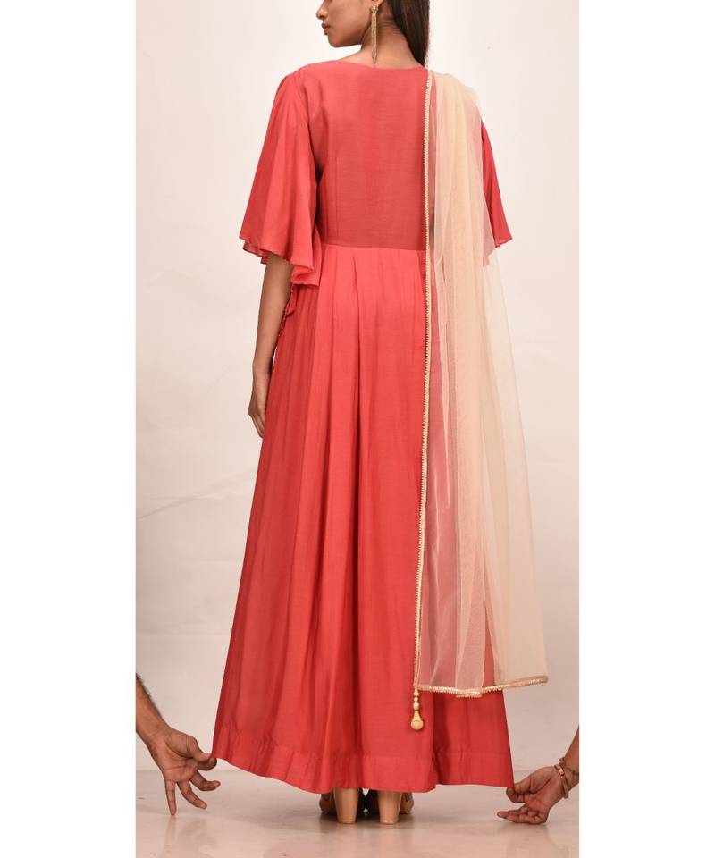 brick red muslin silk short sleeves solid women gown