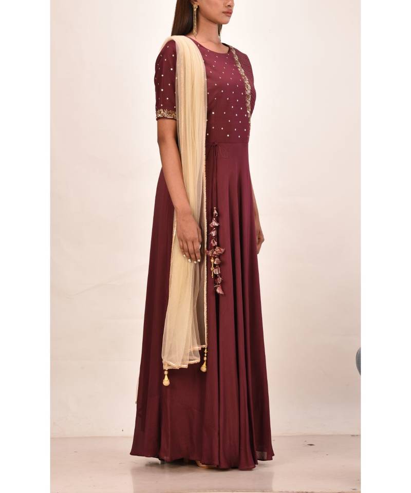 mahroon muslin silk short sleeves solid women gown