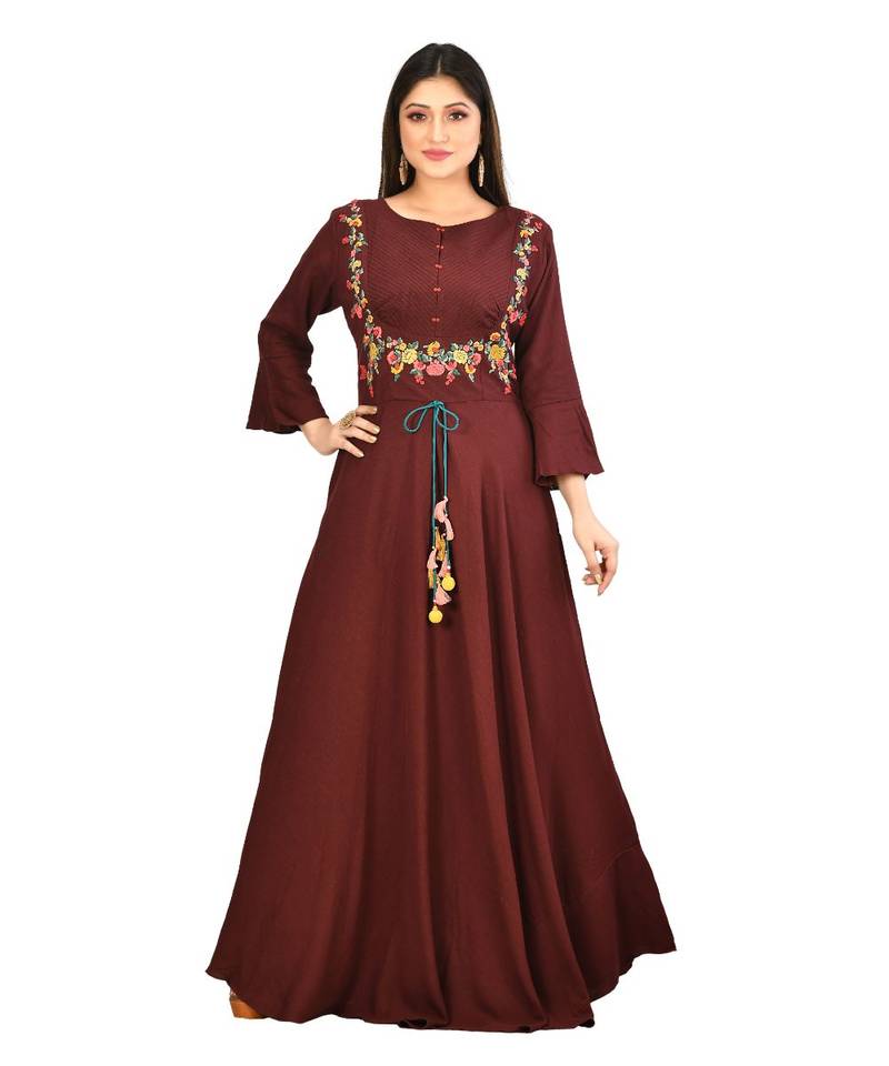 MAHROON Cotton three quarter Sleeves Solid Womens gown