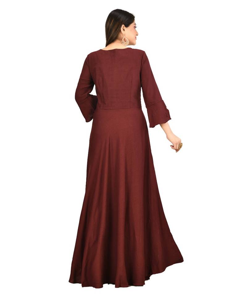 MAHROON Cotton three quarter Sleeves Solid Womens gown