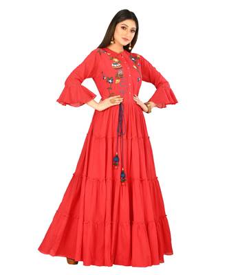 red cotton malmal three quarter sleeves solid women gown 1