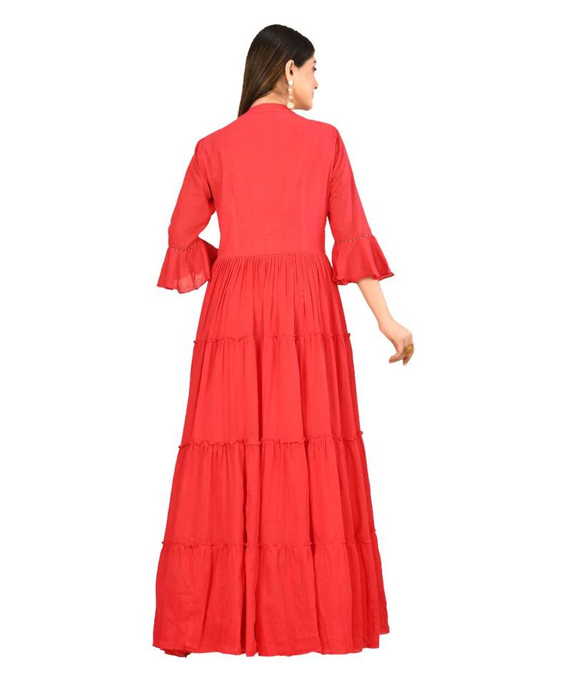 red cotton malmal three quarter sleeves solid women gown