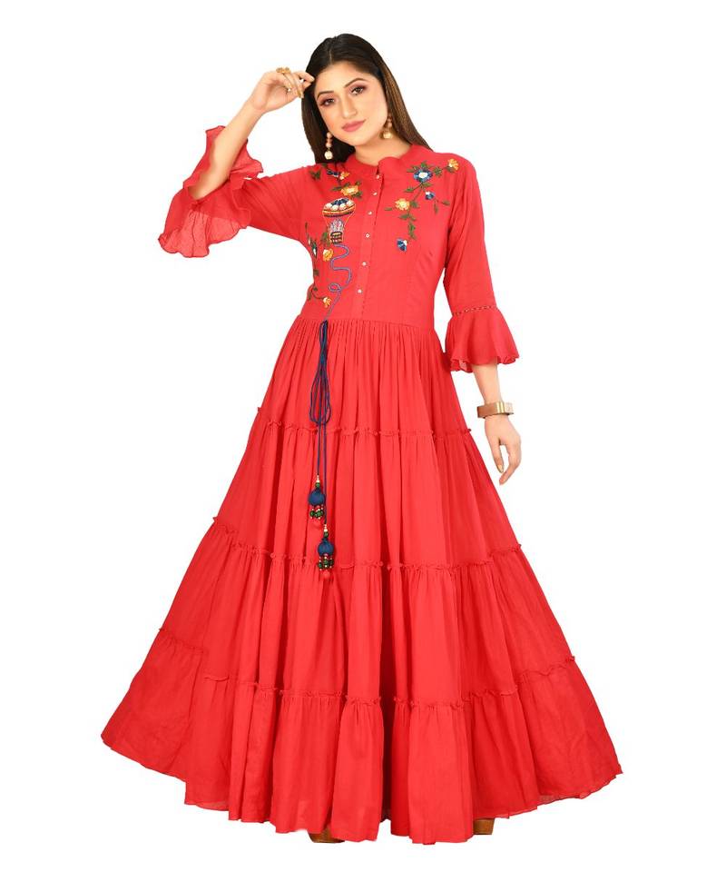 red cotton malmal three quarter sleeves solid women gown