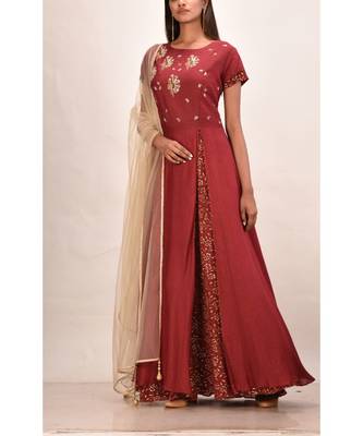 mahroon muslin silk short sleeves solid women gown 1