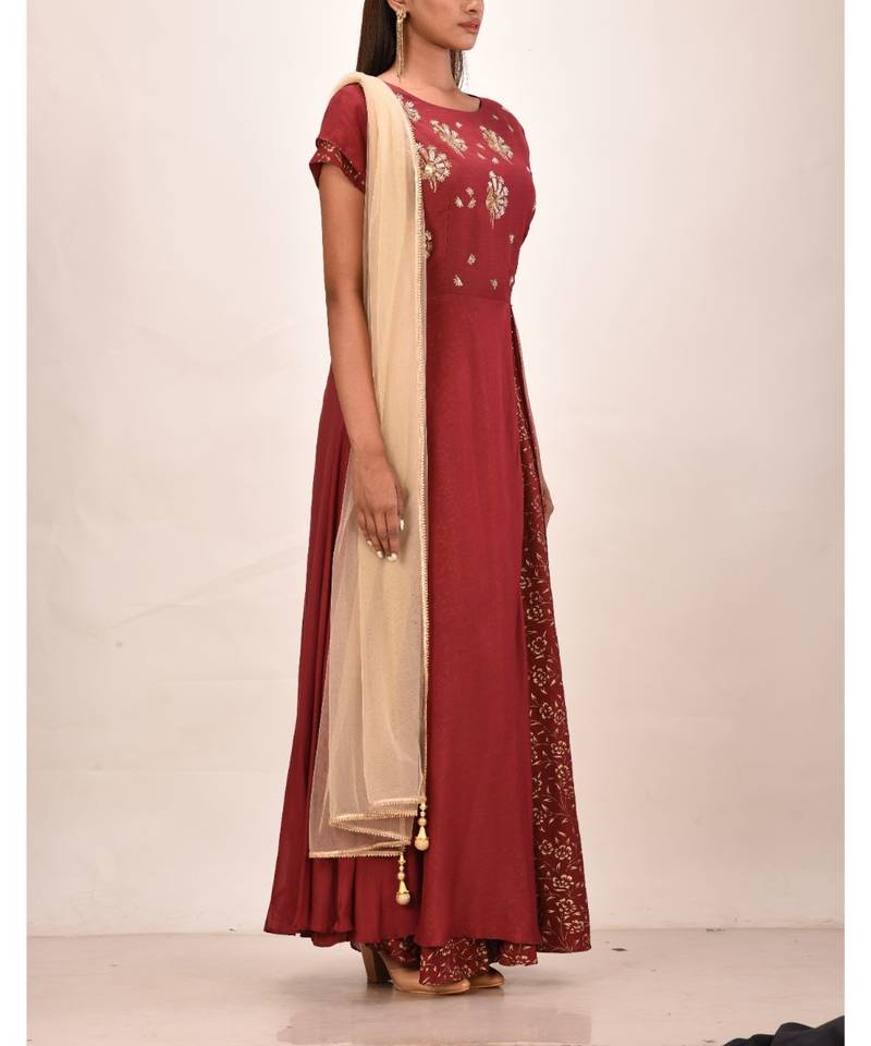 mahroon muslin silk short sleeves solid women gown