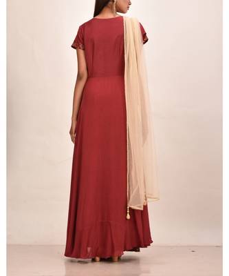 mahroon muslin silk short sleeves solid women gown 3