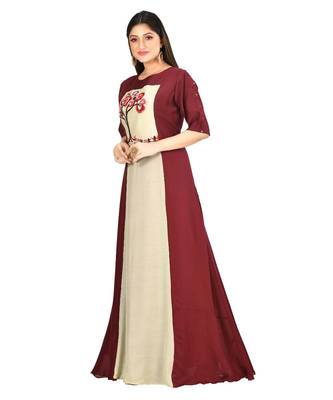 mahroon muslin silk three quarter sleeves solid women gown 1