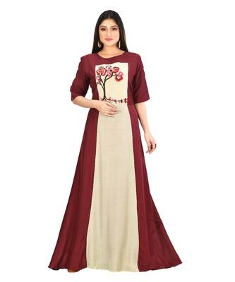 mahroon muslin silk three quarter sleeves solid women gown 2