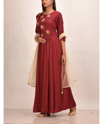 mahroon muslin silk three quarter sleeves solid women gown 1