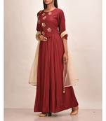 mahroon muslin silk three quarter sleeves solid women gown