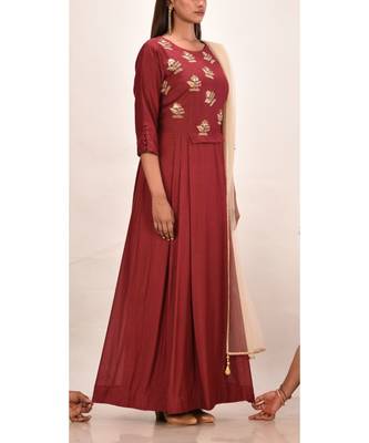 mahroon muslin silk three quarter sleeves solid women gown 2