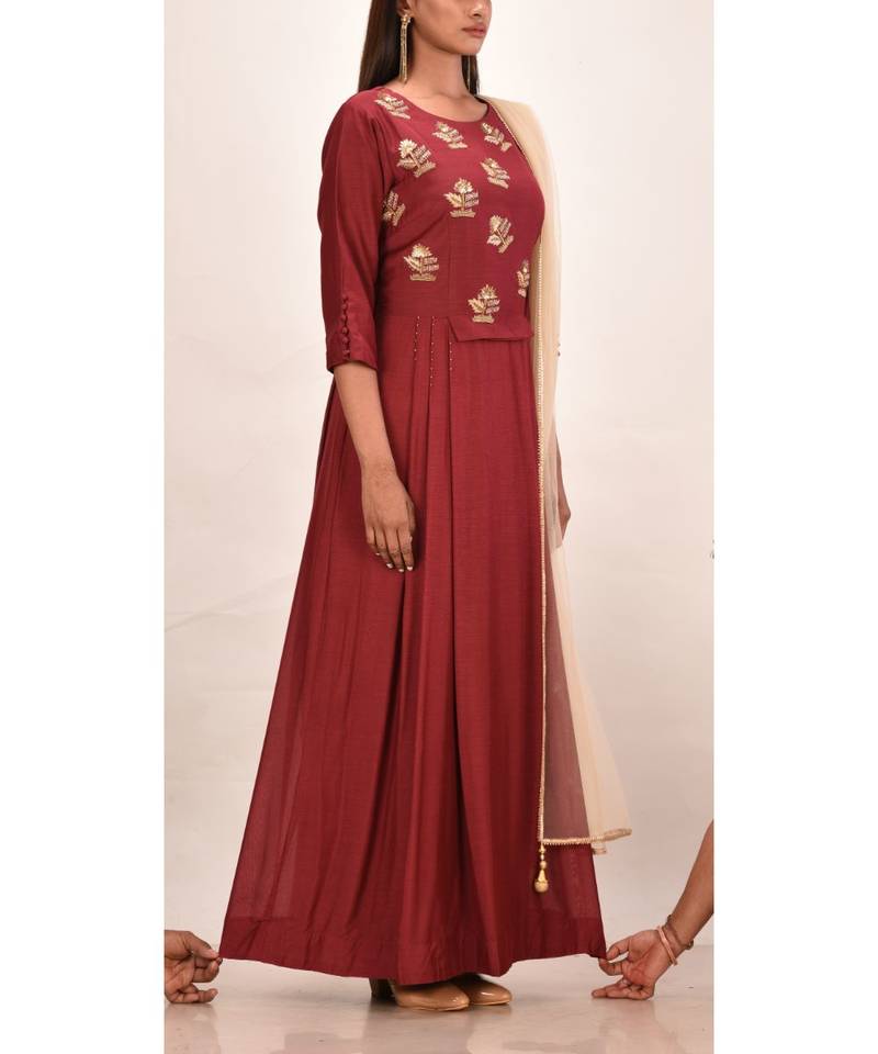 mahroon muslin silk three quarter sleeves solid women gown