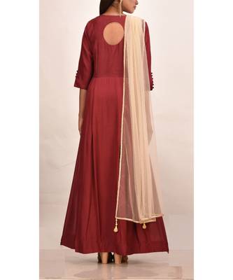 mahroon muslin silk three quarter sleeves solid women gown 3