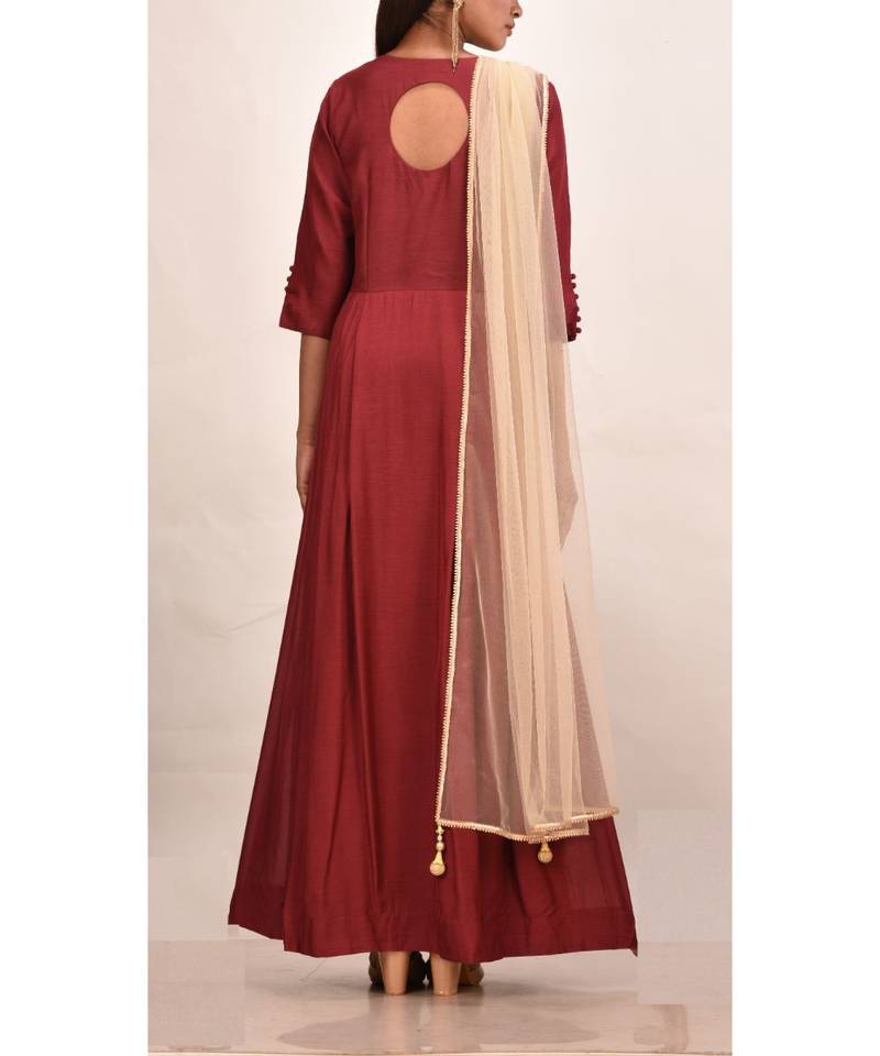 mahroon muslin silk three quarter sleeves solid women gown