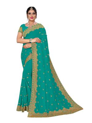 Aqua blue embroidered pure georgette saree with blouse 1
