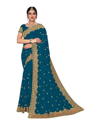 Blue embroidered pure georgette saree with blouse 1