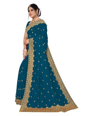 Blue embroidered pure georgette saree with blouse 2