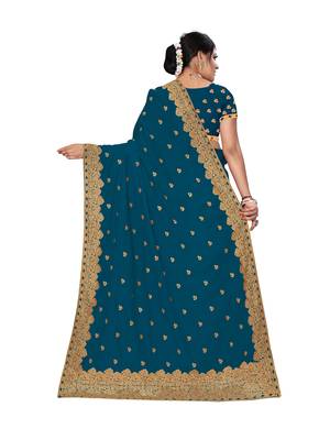 Blue embroidered pure georgette saree with blouse 3
