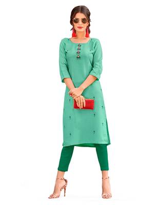 Sea-green embroidered cotton cotton-kurtis 1